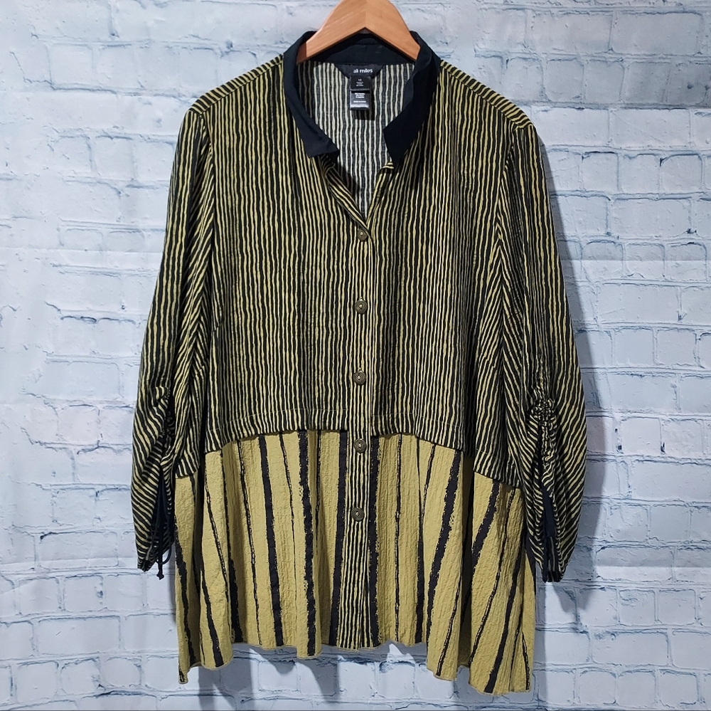 Ali Miles 1X Striped Tunic Top Green Black Button Front Artsey Boho Lagenlook